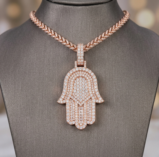 Iced-Out Hamsa Hand Moissanite Pendant Necklace | Pavé Set Diamond Hand | Luxury Jewelry – Finora Jewelry