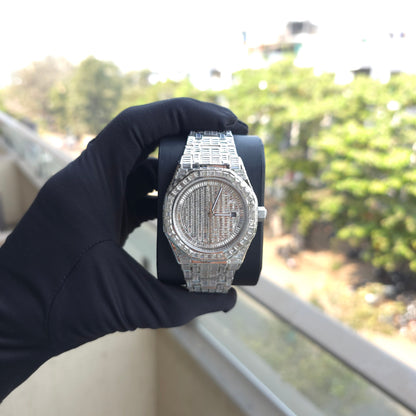 Full White Iced Out 41mm Watch with Baguette Diamonds – Bust Down Watch