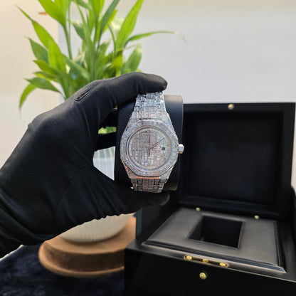 Full White Iced Out 41mm Watch with Baguette Diamonds – Bust Down Watch