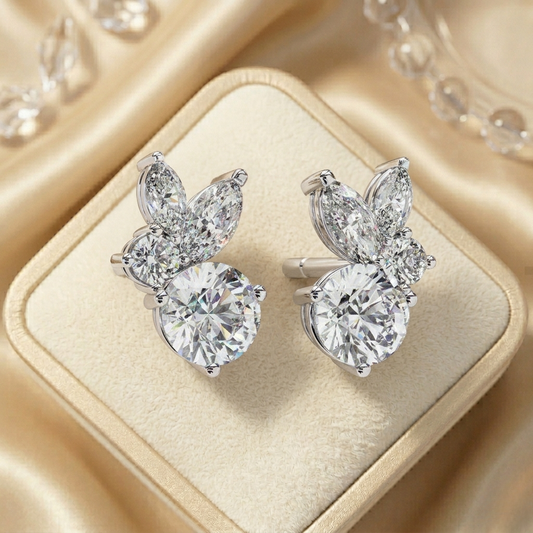 Marquise & Round Moissanite Floral Cluster Stud Earrings | Elegant Multi-Stone Design by Finora Jewelry