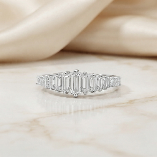Baguette & Princess Cut Moissanite Wedding Band, Modern Half Eternity Ring – Finora Jewelry