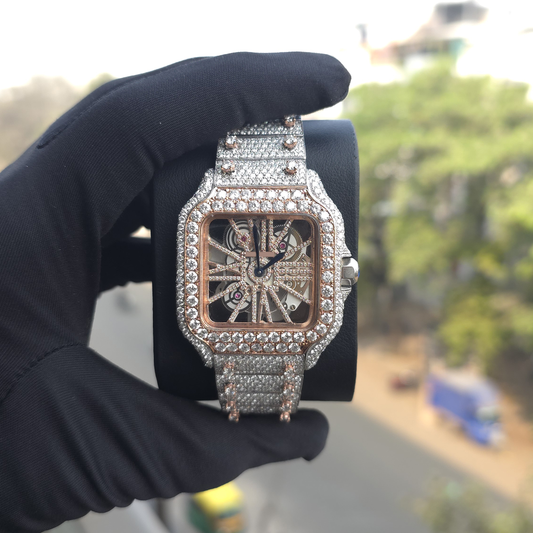 Bust Down Watch – Moissanite Iced Out Watch 41mm Rose Gold & White Square Skeleton Collet Watch