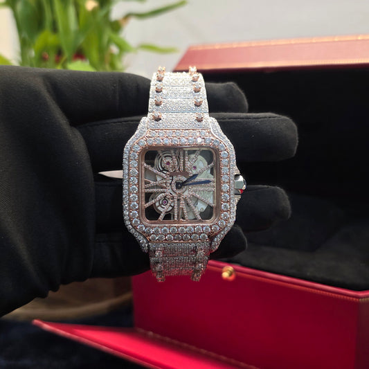 Bust Down Watch – Moissanite Iced Out Watch 41mm Rose Gold & White Square Skeleton Collet Watch