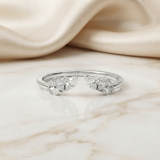 Marquise & Round Cut Moissanite Open Wedding Band, Leaf Inspired Stackable Ring – Finora Jewelry