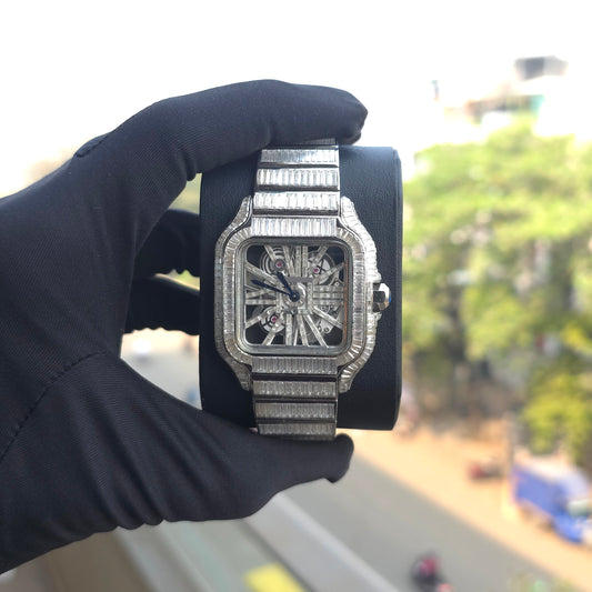 41mm Bust Down Watch Iced Out Watch – White Baguette Skeleton Square Dial Men Watch