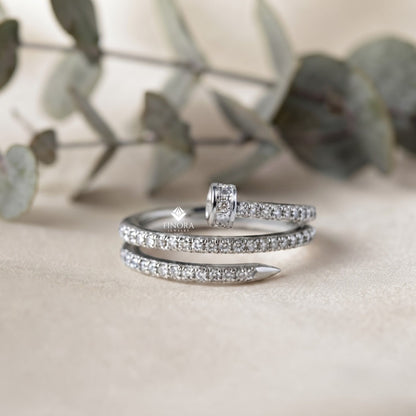 Adjustable Pave Nail Wrap Ring – Sparkling Princess Cut Stones, Solid Gold or Sterling Silver
