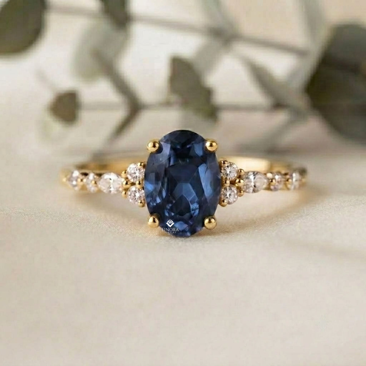 oval blue sapphire and diamond cluster ring – dainty gold engagement ring
