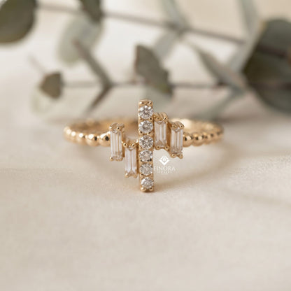 Baguette Cluster Stacking Ring – Minimalist Diamond Bar Ring –  Dainty Gold Bead Band