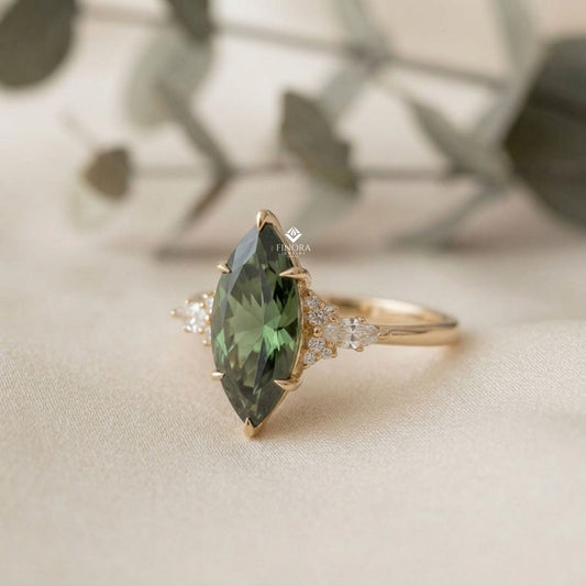 Green Marquise Cut Engagement Ring – Gold Cluster Design, Everyday Elegance