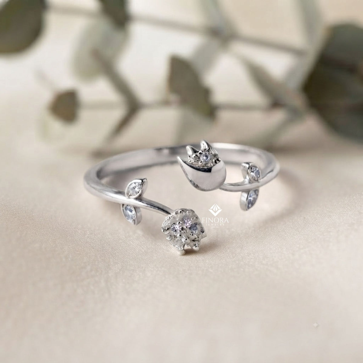 dual tulip bypass ring – adjustable floral diamond ring –  minimalist gold botanical jewelry