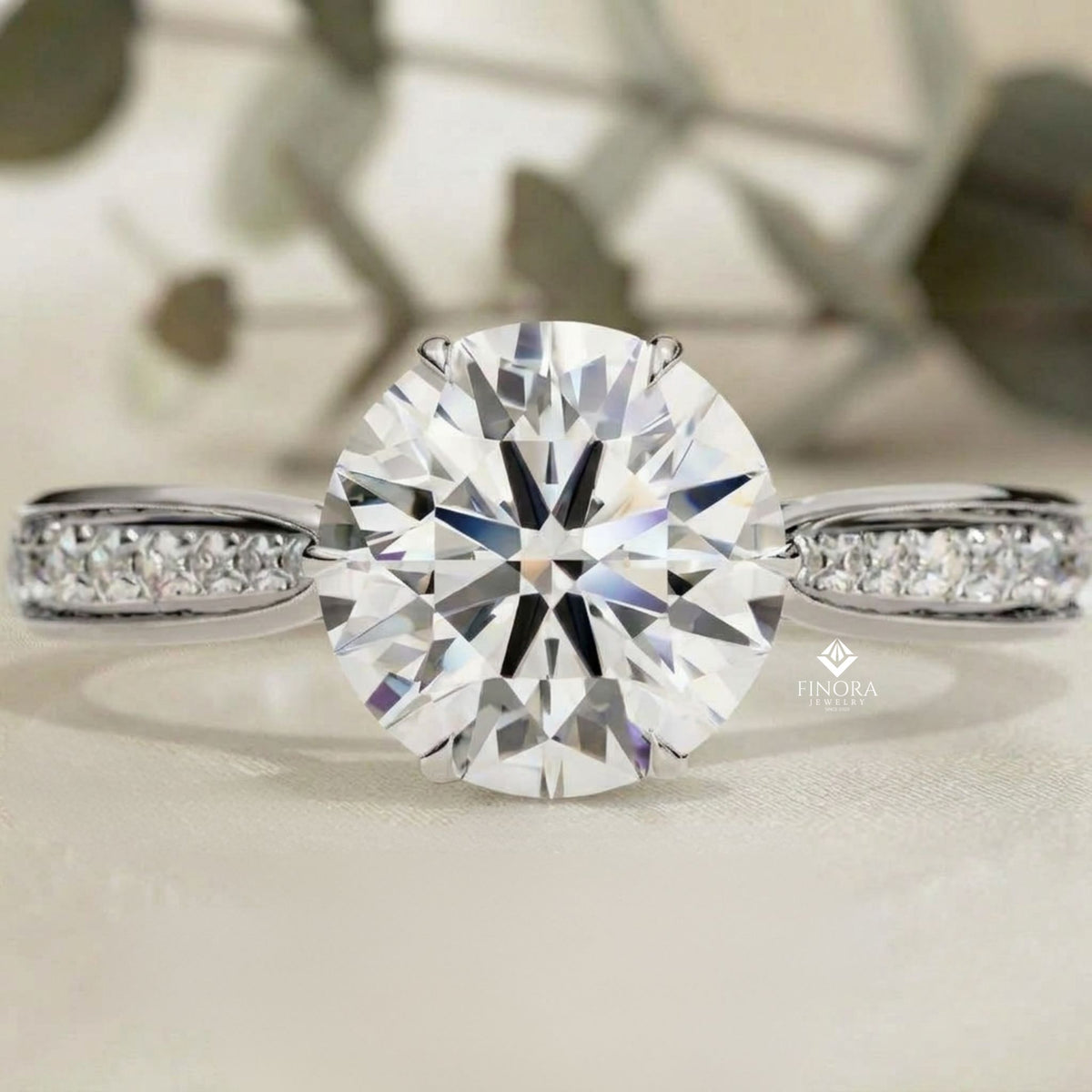 brilliant round cut engagement ring with pavé diamond band – ideal birthday gift or proposal ring – classic elegance in sterling silver, 10k/14k gold, or platinum – finora luxe edition