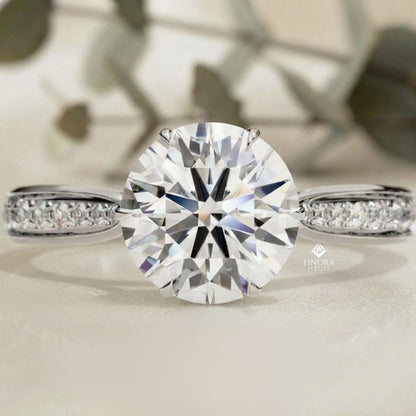 Brilliant Round Cut Engagement Ring with Pavé Diamond Band – Ideal Birthday Gift or Proposal Ring – Classic Elegance in Sterling Silver, 10K/14K Gold, or Platinum – Finora Luxe Edition