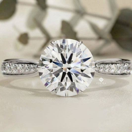 Brilliant Round Cut Engagement Ring with Pavé Diamond Band – Ideal Birthday Gift or Proposal Ring – Classic Elegance in Sterling Silver, 10K/14K Gold, or Platinum – Finora Luxe Edition