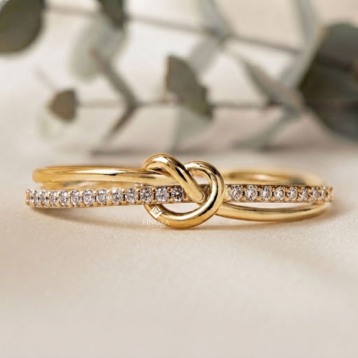 rose gold love knot ring – delicate infinity band with pavé stones