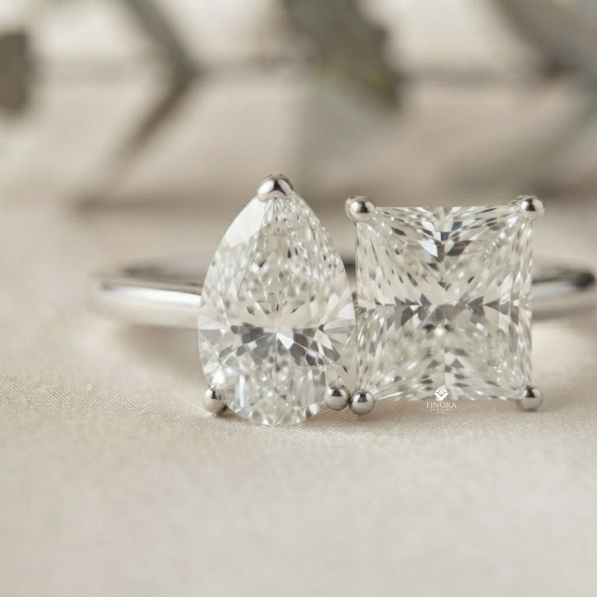 two-stone pear & princess cut diamond ring – dual brilliance in 925 silver, 10k / 14k gold, or platinum – finora symbolic design of love & harmony – meaningful gift for her
