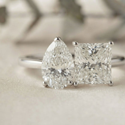 Two-Stone Pear & Princess Cut Diamond Ring – Dual Brilliance in 925 Silver, 10K / 14K Gold, or Platinum – Finora Symbolic Design of Love & Harmony – Meaningful Gift for Her