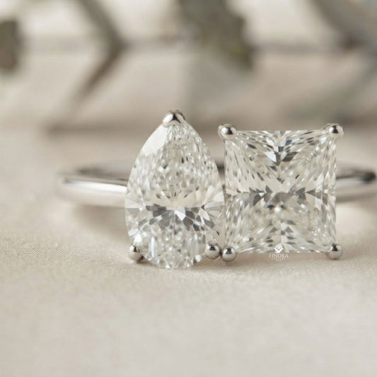 Two-Stone Pear & Princess Cut Diamond Ring – Dual Brilliance in 925 Silver, 10K / 14K Gold, or Platinum – Finora Symbolic Design of Love & Harmony – Meaningful Gift for Her