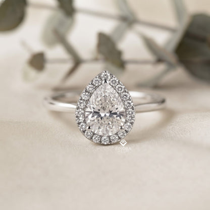 Pear Cut Moissanite Halo Engagement Ring – 925 Silver / 10K / 14K / Platinum / White / Yellow / Rose Gold – Finora Jewelry