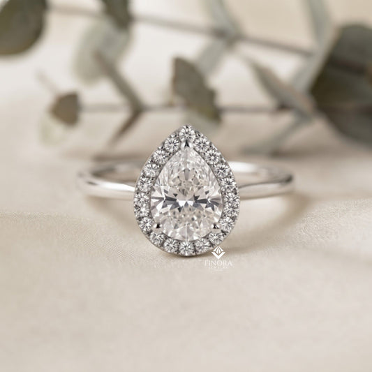 Pear Cut Moissanite Halo Engagement Ring – 925 Silver / 10K / 14K / Platinum / White / Yellow / Rose Gold – Finora Jewelry