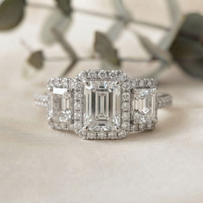 Emerald Cut Moissanite Three-Stone Engagement Ring with Halo | 2.11 CT | 925 Silver, 10K & 14K Gold