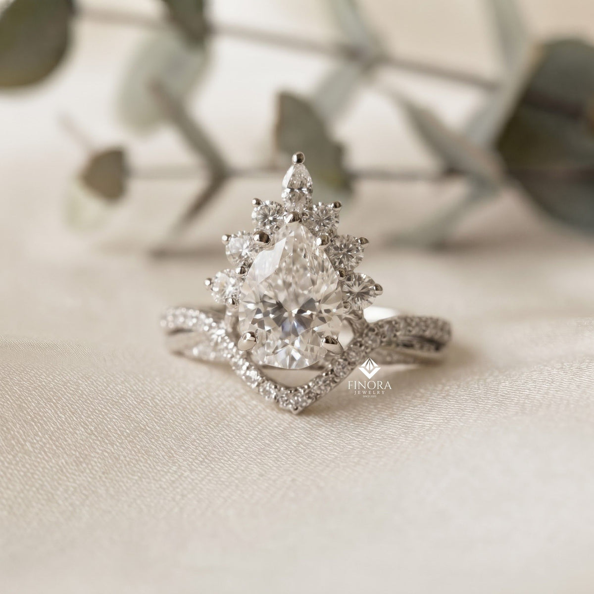 pear cut moissanite halo engagement ring 1.68 ct with marquise & round side stones in 925 silver / 10k & 14k gold
