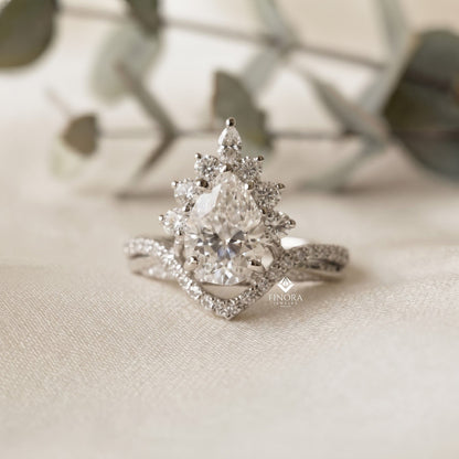 Pear Cut Moissanite Halo Engagement Ring 1.68 CT with Marquise & Round Side Stones in 925 Silver / 10K & 14K Gold