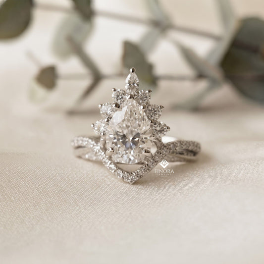 Pear Cut Moissanite Halo Engagement Ring 1.68 CT with Marquise & Round Side Stones in 925 Silver / 10K & 14K Gold
