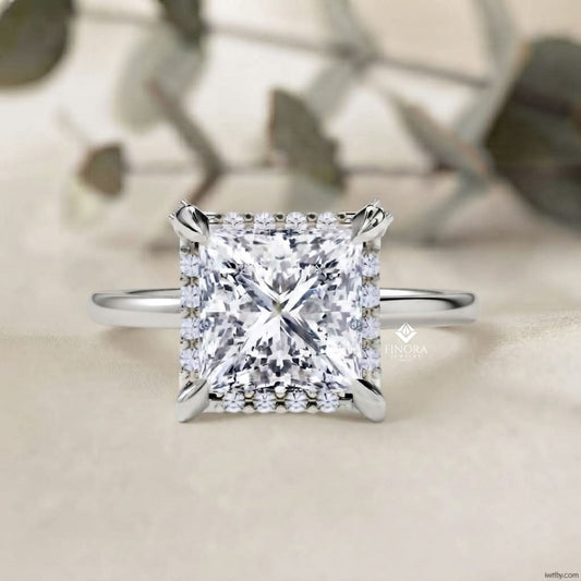 Princess Cut Moissanite Halo Engagement Ring – Elegant Square Solitaire for Proposal, Birthday or Anniversary Gift – 925 Silver / 10K / 14K Gold / Platinum – White / Yellow / Rose Gold – Finora Jewelry