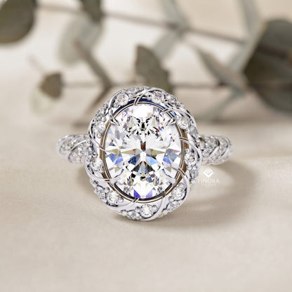 Floral Halo Diamond Engagement Ring – Intricate Swirl Pavé Design in White Gold or Platinum – Nature-Inspired Elegance – Vintage Glamour Statement Ring