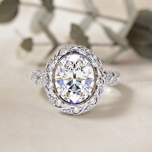Floral Halo Diamond Engagement Ring – Intricate Swirl Pavé Design in White Gold or Platinum – Nature-Inspired Elegance – Vintage Glamour Statement Ring