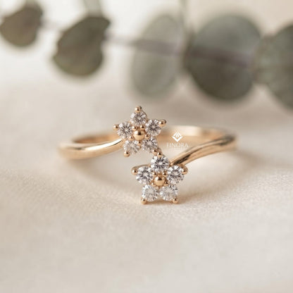 Floral Bypass Ring – Adjustable Gold Ring for Her