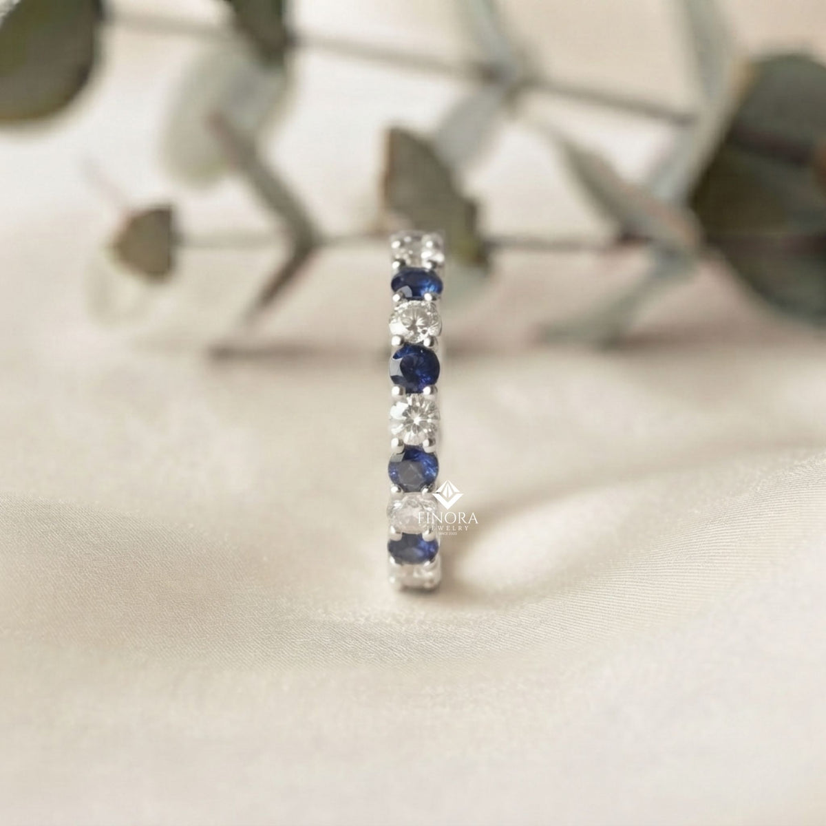 blue & colorless round cut moissanite full eternity wedding band, stackable ring – finora jewelry