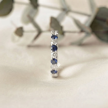 Blue & Colorless Round Cut Moissanite Full Eternity Wedding Band, Stackable Ring – Finora Jewelry