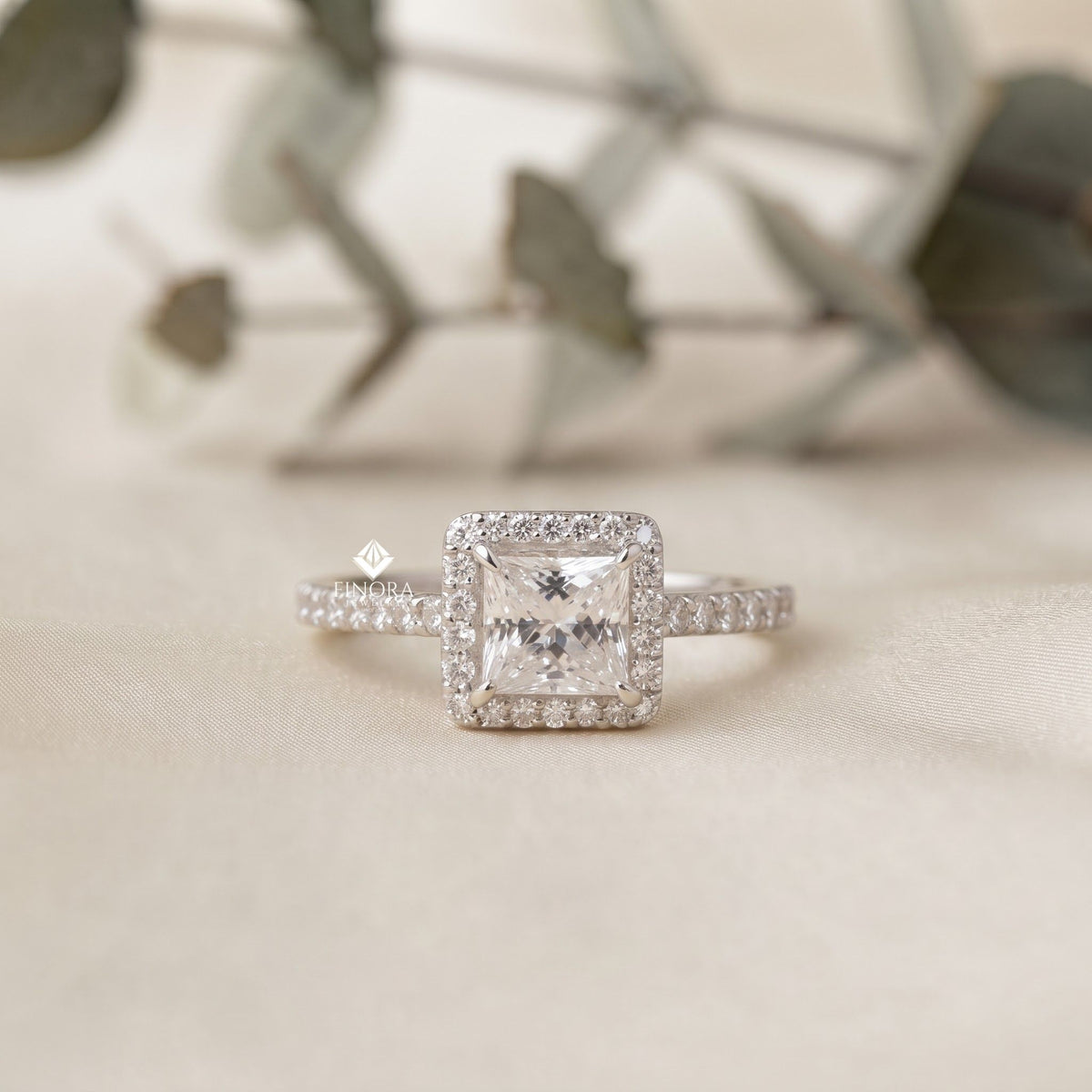 1.50 ct princess cut moissanite halo engagement ring in 925 silver / 10k & 14k gold