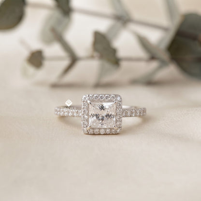 1.50 CT Princess Cut Moissanite Halo Engagement Ring in 925 Silver / 10K & 14K Gold