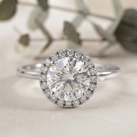 Round Halo Moissanite Engagement Ring with Pavé Accent Diamonds – Timeless Round Cut Sparkle | Finora Jewelry