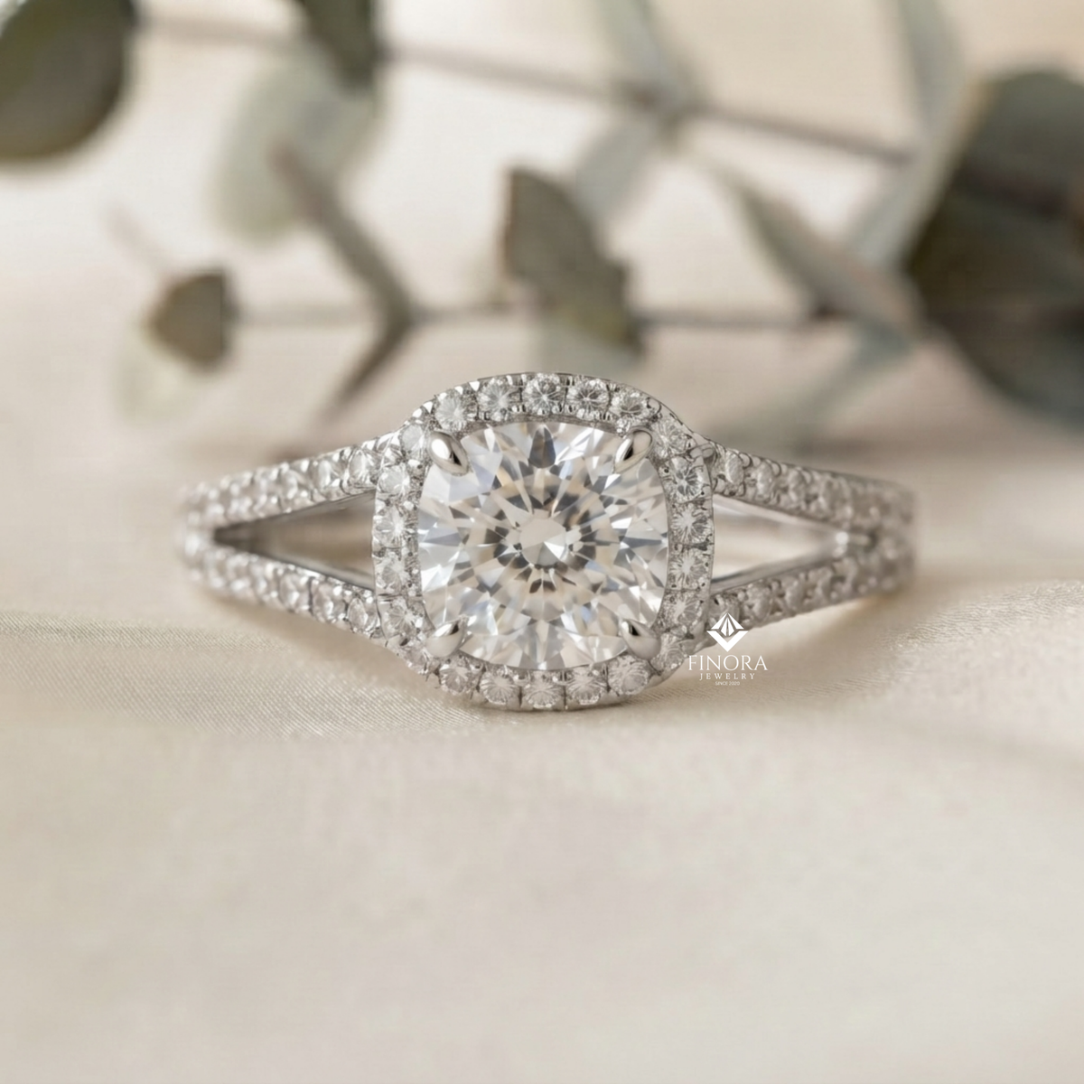 1.50 ct cushion cut moissanite halo engagement ring with split shank | 925 silver & 10k/14k gold | finora jewelry