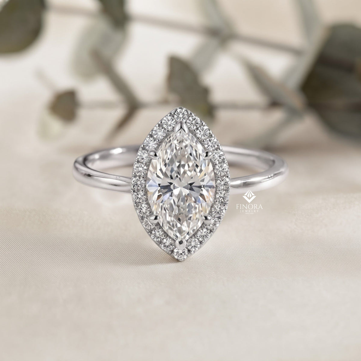 marquise cut moissanite halo engagement ring – 925 silver / 10k / 14k / platinum / white / yellow / rose gold – finora jewelry