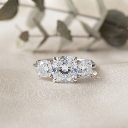 Three-Stone Cushion Cut Diamond Engagement Ring – Trio of Brilliance in White Gold or Platinum – Finora Symbolic Design of Past, Present & Future – Elegant Gift for Her