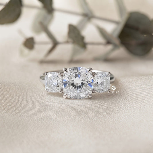 Three-Stone Cushion Cut Diamond Engagement Ring – Trio of Brilliance in White Gold or Platinum – Finora Symbolic Design of Past, Present & Future – Elegant Gift for Her
