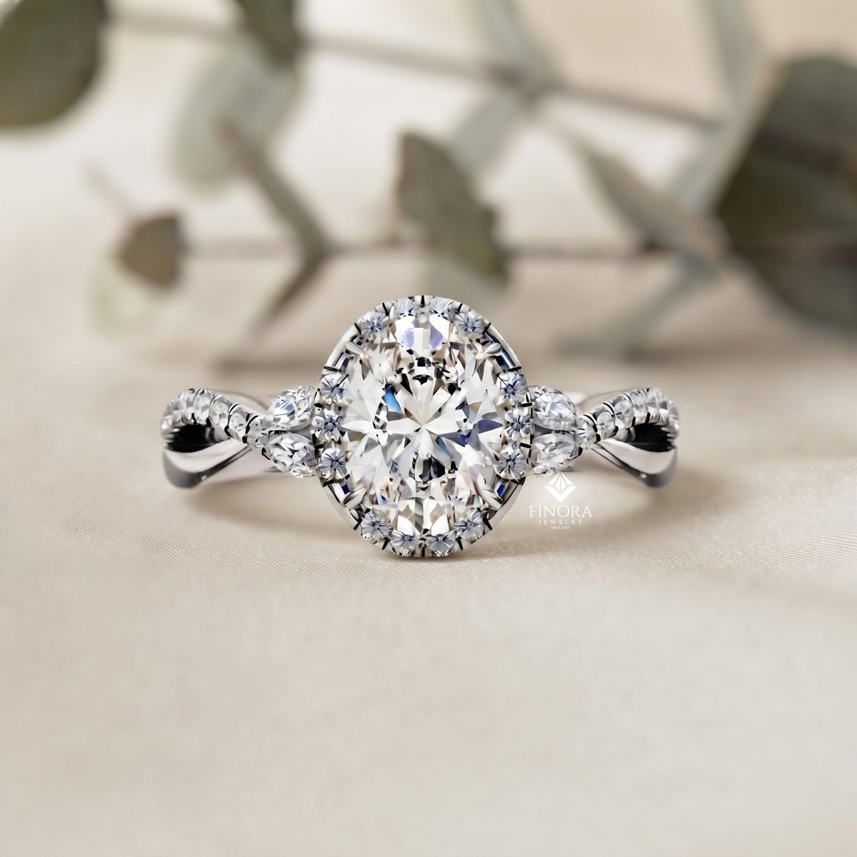 finora jewelry oval halo diamond engagement ring – twisted pavé band with pear accents – available in 10k, 14k gold (white, rose, yellow), 925 sterling silver & platinum