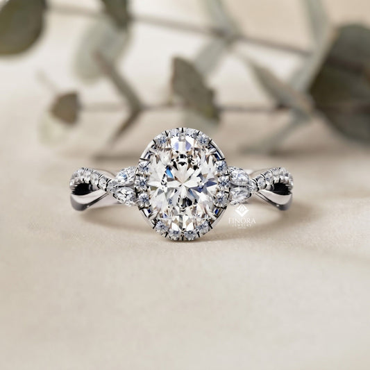Finora Jewelry Oval Halo Diamond Engagement Ring – Twisted Pavé Band with Pear Accents – Available in 10K, 14K Gold (White, Rose, Yellow), 925 Sterling Silver & Platinum