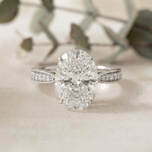 Elegant Oval Cut Engagement Ring with Diamond-Accented Band – Timeless Gift for Her – Classic Solitaire Setting in White Gold, Platinum or Silver – Finora Signature Sparkle