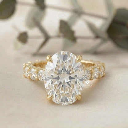 5ct Oval Cut Lab Grown Diamond  Solitaire Eternity Ring – Pave Band, Dainty Gold Fine Jewelry