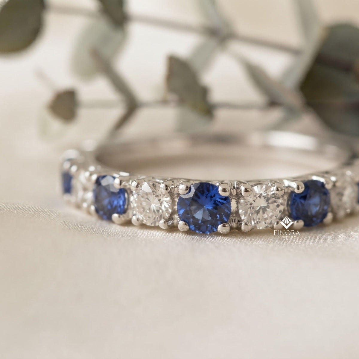 blue & white round cut moissanite half eternity wedding band, stackable ring – finora jewelry