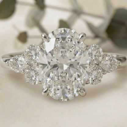 Finora Jewelry – Oval Cut Diamond Seven-Stone Ring – Scalloped Shoulder Design – Available in 10K, 14K Gold (White, Rose, Yellow), 925 Silver & Platinum