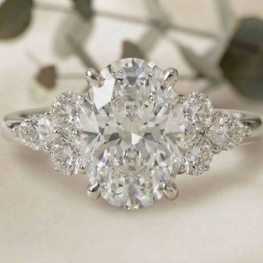Finora Jewelry – Oval Cut Diamond Seven-Stone Ring – Scalloped Shoulder Design – Available in 10K, 14K Gold (White, Rose, Yellow), 925 Silver & Platinum