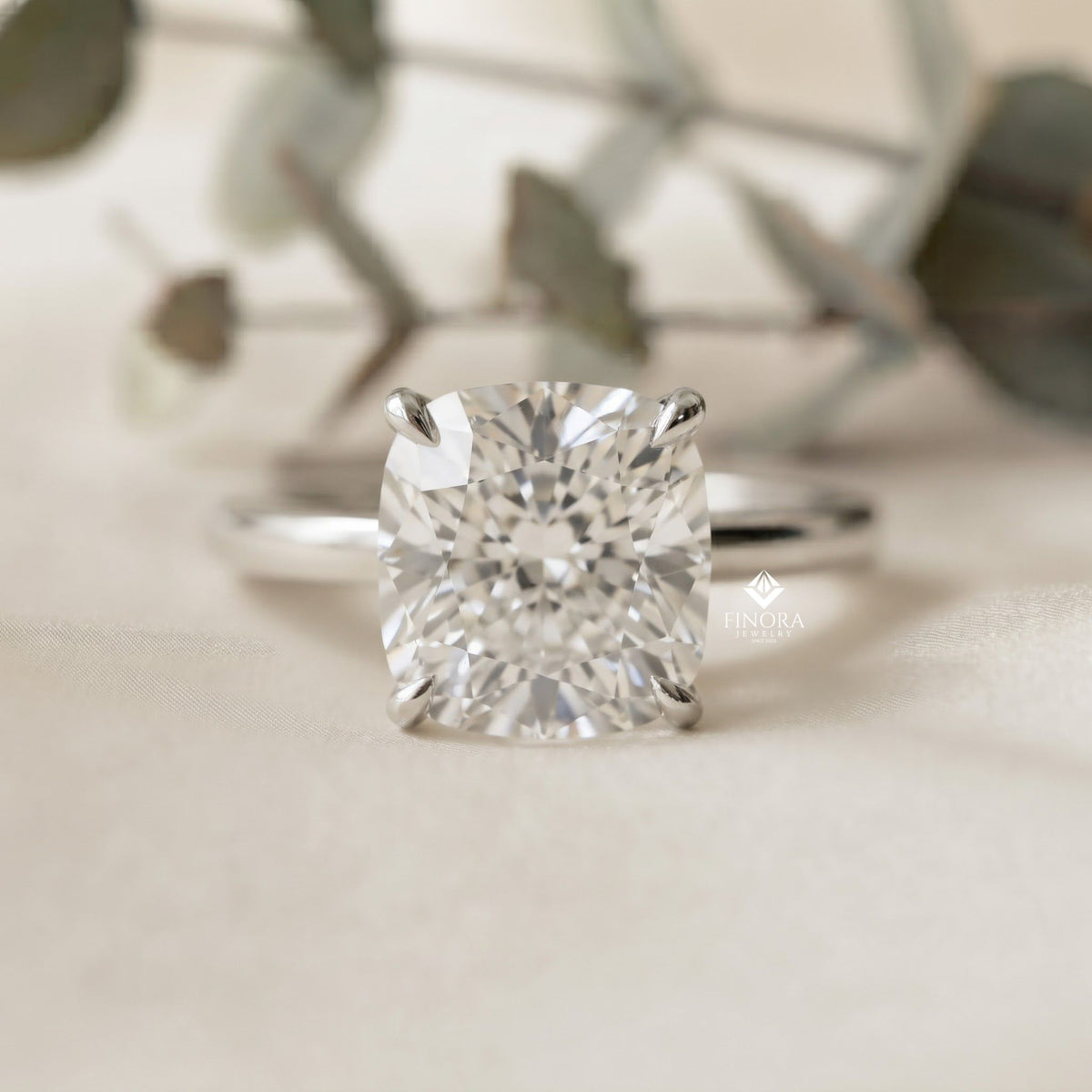 cushion cut moissanite solitaire engagement ring – elegant 4-prong setting in white gold, yellow gold, rose gold, or platinum | finora jewelry