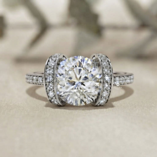 Bold Round-Cut Diamond Ring with Pavé-Set Accent Bands in 925 Silver, 10K / 14K Gold, or Platinum – Finora Jewelry