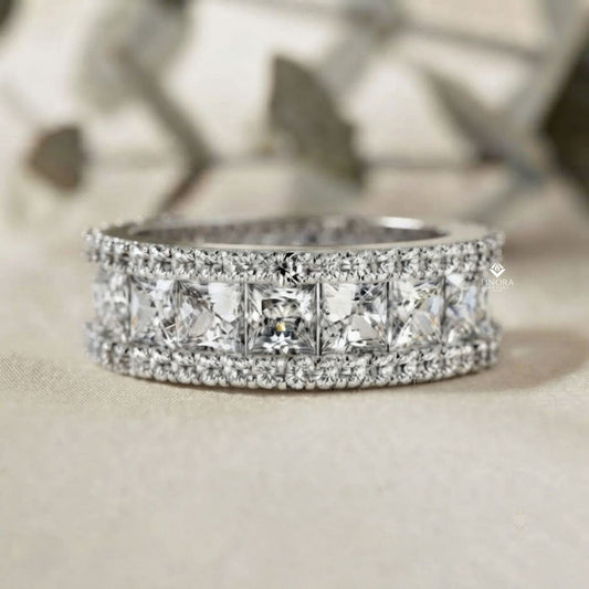Princess-Cut Diamond Triple Row Wedding Band – Bold Eternity Ring for Couples in Silver, Gold & Platinum – Finora Radiant Glamour Statement